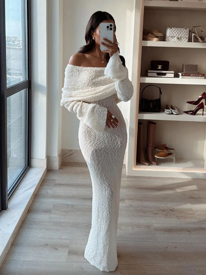 LVSANW Tossy Knit Hollow Out Off-Shoulder Maxi Dress Female Cover up Loose Long Sleeve Holiday Beach Party Dress Women Knitwear Dress