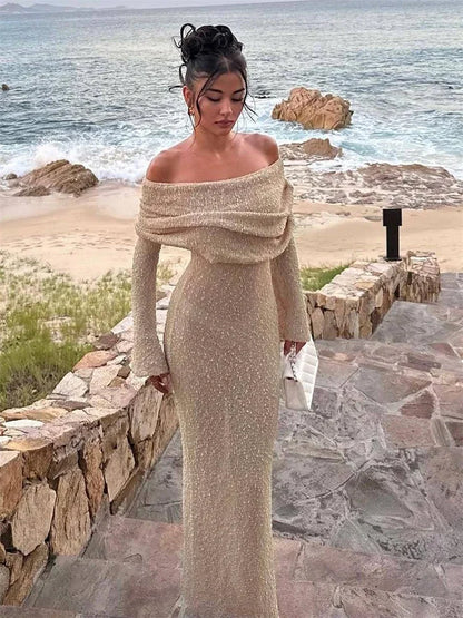 LVSANW Tossy Knit Hollow Out Off-Shoulder Maxi Dress Female Cover up Loose Long Sleeve Holiday Beach Party Dress Women Knitwear Dress