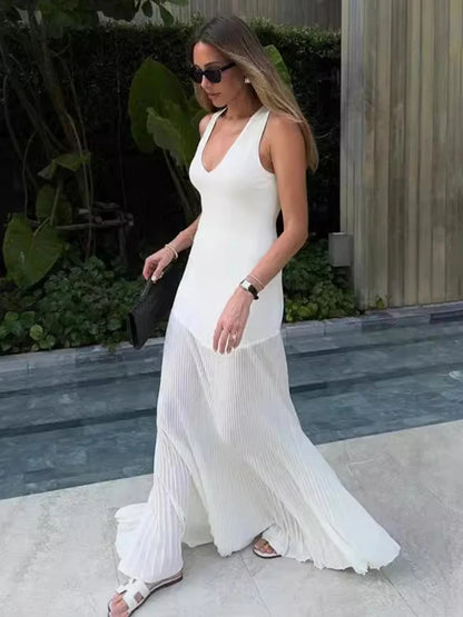 LVSANW Tossy Knitted V-neck Elegant Long Dress Sexy Sleeveless Slim Stitching Folds Beach Vacation Female White Dress Knitwear Outfits