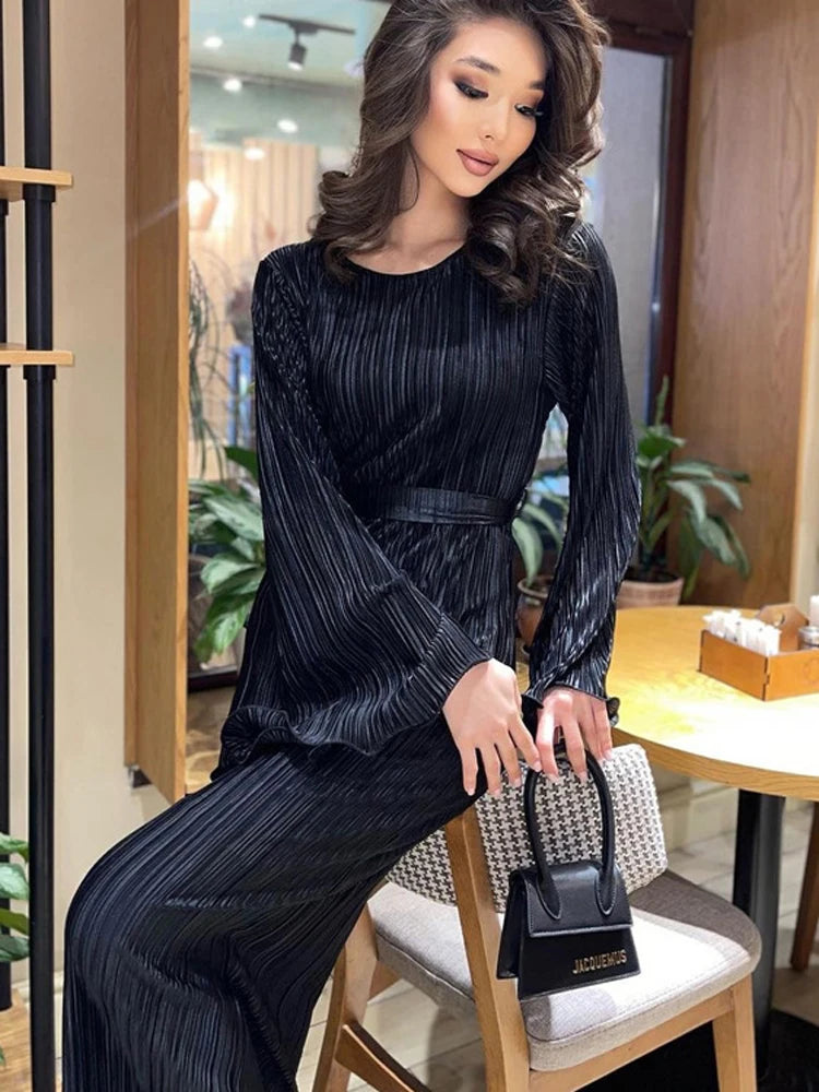 LVSANW Tossy Ruffled Lace-Up Ribbed Maxi Dress For Women Long Sleeve Fashion High Waist Elegant Party Dress Autumn Bandage Ladies Dress