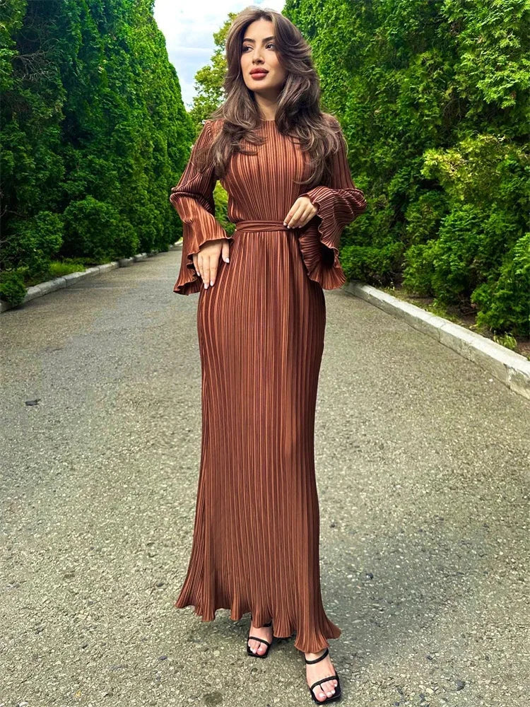 LVSANW Tossy Ruffled Lace-Up Ribbed Maxi Dress For Women Long Sleeve Fashion High Waist Elegant Party Dress Autumn Bandage Ladies Dress