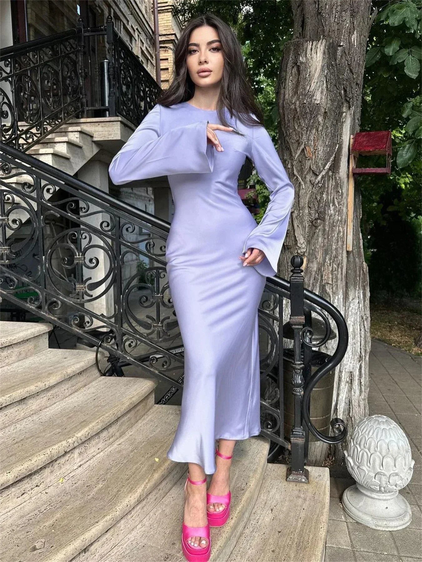 LVSANW Tossy Satin Fashion Slim Maxi Dress For Women Long Sleeve High Waist Elegant Solid Party Dress Casual Luxury Ladies Autumn Dress