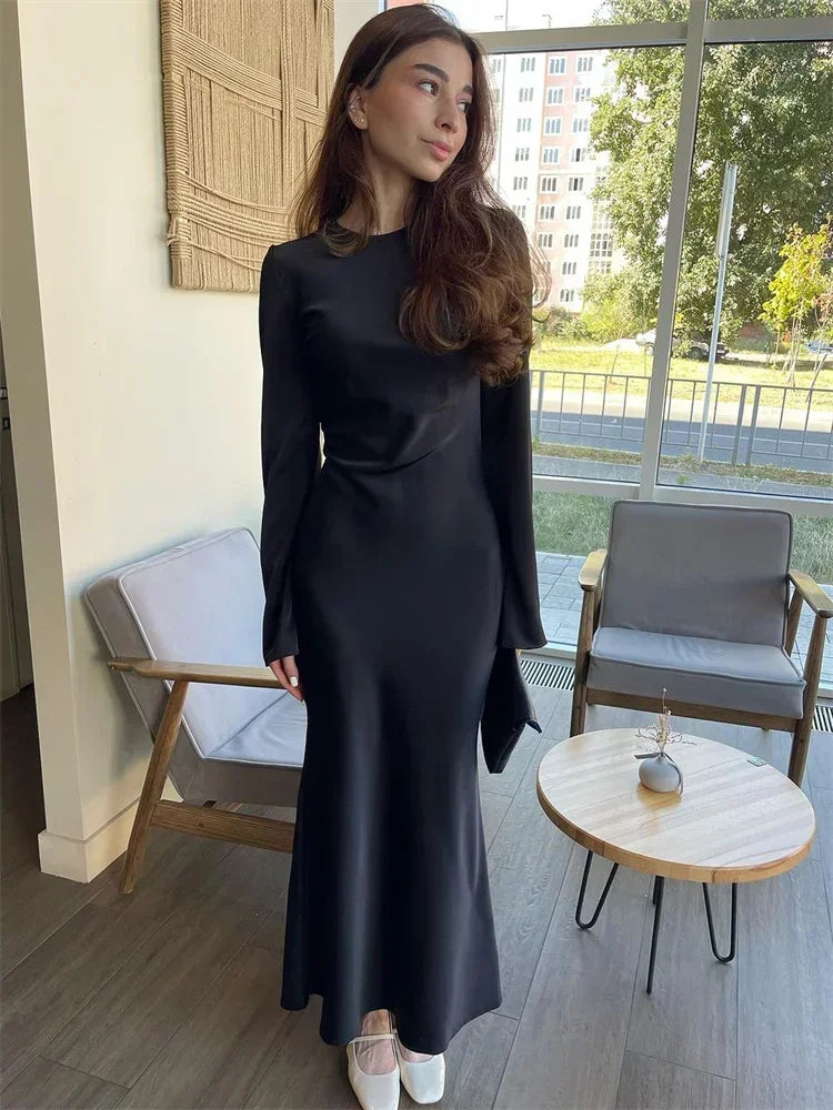 LVSANW Tossy Satin Fashion Slim Maxi Dress For Women Long Sleeve High Waist Elegant Solid Party Dress Casual Luxury Ladies Autumn Dress