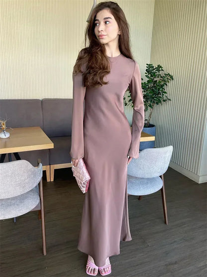 LVSANW Tossy Satin Fashion Slim Maxi Dress For Women Long Sleeve High Waist Elegant Solid Party Dress Casual Luxury Ladies Autumn Dress