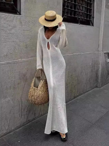 LVSANW Tossy Sexy Deep V Hollow Out Maxi Cover Up Dress Women Crochet Long Sleeve Hot Girls Mesh Sheer Beach Swimwear Dresses Femme