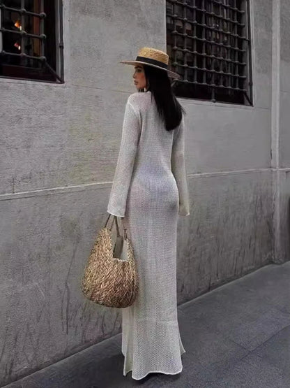 LVSANW Tossy Sexy Deep V Hollow Out Maxi Cover Up Dress Women Crochet Long Sleeve Hot Girls Mesh Sheer Beach Swimwear Dresses Femme