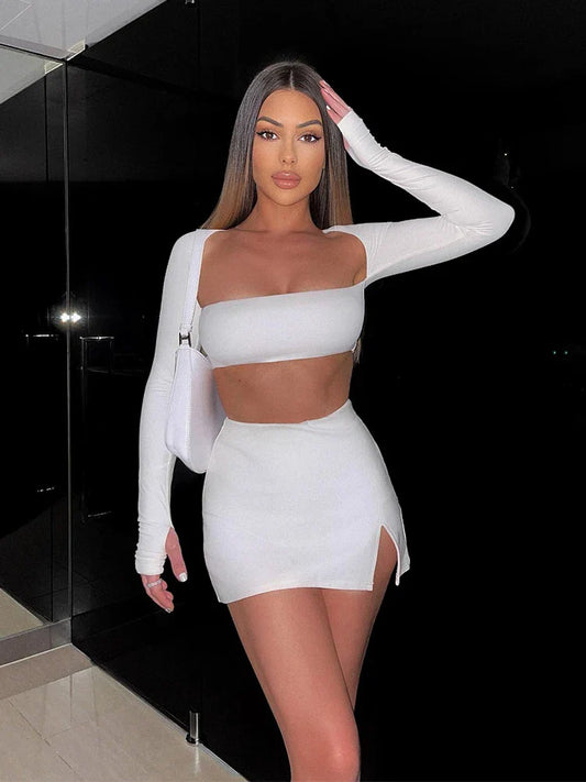 LVSANW Townlike White Sexy Two Piece Set Long Sleeve Crop Top And Side Split Mini Skirts Slim 2 Pieces Sets Women 2024 Autumn Outfits