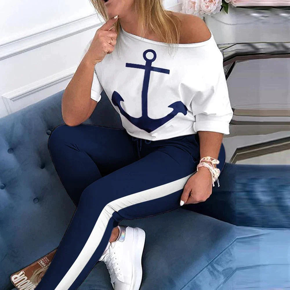 LVSANW Tracksuit Women Pants Set Fashion Clothes Summer 2023 Boat Anchor Print Patchwork Casual Stretch Bodycon Two Piece Matching