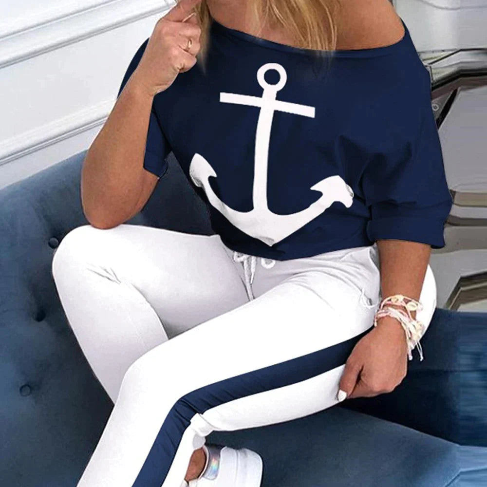 LVSANW Tracksuit Women Pants Set Fashion Clothes Summer 2023 Boat Anchor Print Patchwork Casual Stretch Bodycon Two Piece Matching