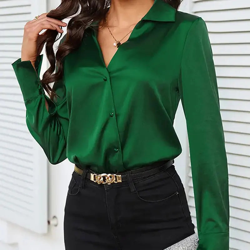 LVSANW Trend Fashion Women Casual Elegant Satin Long Sleeved Shirt Office Women's Shirts And Blouses Slim Femal Clothes Green Like Silk