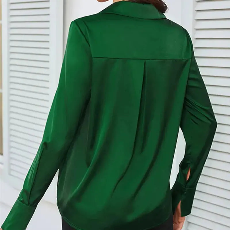 LVSANW Trend Fashion Women Casual Elegant Satin Long Sleeved Shirt Office Women's Shirts And Blouses Slim Femal Clothes Green Like Silk