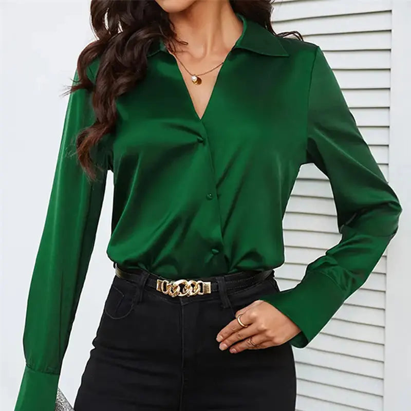 LVSANW Trend Fashion Women Casual Elegant Satin Long Sleeved Shirt Office Women's Shirts And Blouses Slim Femal Clothes Green Like Silk