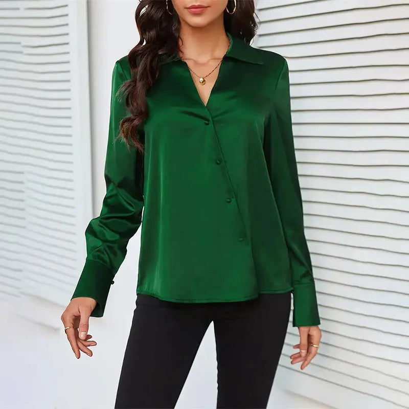 LVSANW Trend Fashion Women Casual Elegant Satin Long Sleeved Shirt Office Women's Shirts And Blouses Slim Femal Clothes Green Like Silk