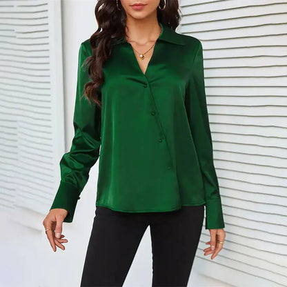 LVSANW Trend Fashion Women Casual Elegant Satin Long Sleeved Shirt Office Women's Shirts And Blouses Slim Femal Clothes Green Like Silk