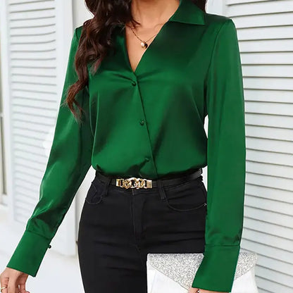 LVSANW Trend Fashion Women Casual Elegant Satin Long Sleeved Shirt Office Women's Shirts And Blouses Slim Femal Clothes Green Like Silk