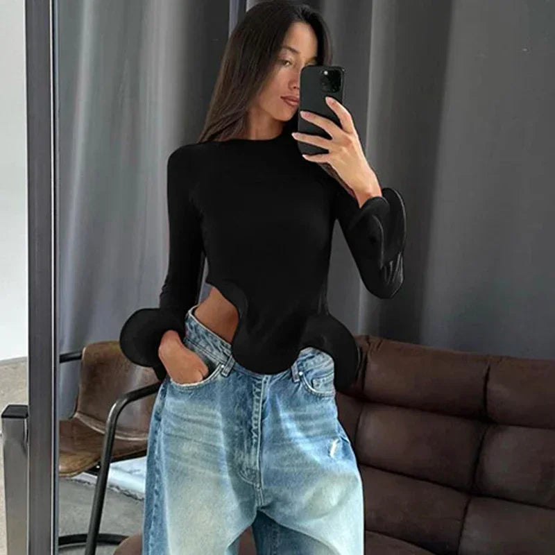 LVSANW Trendix Slim Long Sleeve Ruffle Tshirts Women Fashion Patchwork Solid Asymmetry T-shirts Ladies 2025 Fashion Y2k Solid Top Femme