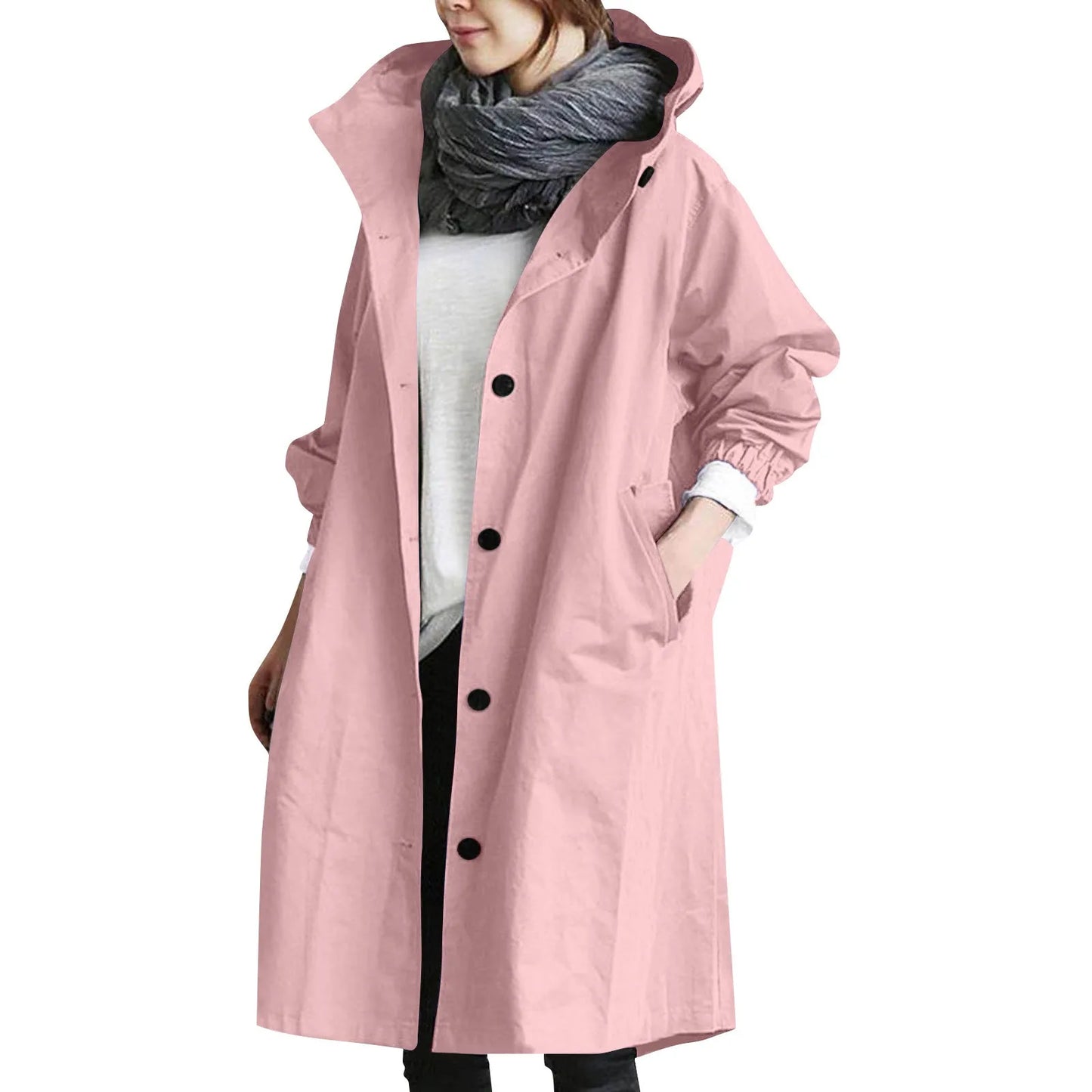 LVSANW Trendy Women's Long Trench Coat Women's Solid Color Elegant Windbreaker Loose Comfortable Hooded Temperament Ladies Raincoat