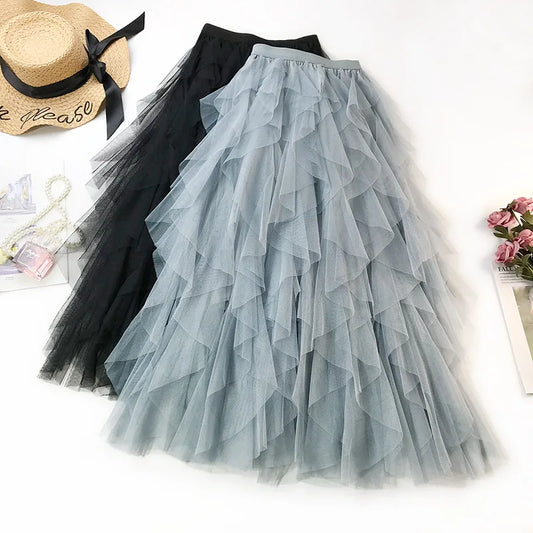 LVSANW Tulle Long Maxi Skirt Women Fashion 2024 Korean Cute Pink High Waist Pleated Tutu Skirt Mesh Female Lady Mesh Skirt