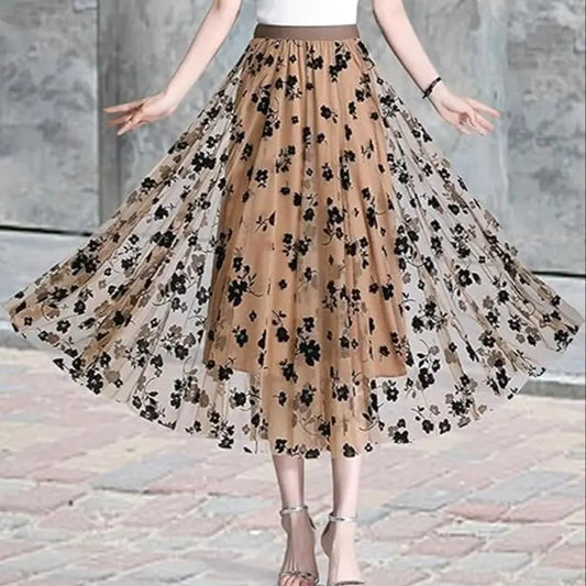 LVSANW Tulle Skirts for Women Elastic Mid Waist Layered Floral Print Brown Skirt Mesh A- Line Midi Skirt Petticoat Skirts Tea-Length