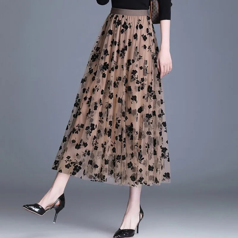 LVSANW Tulle Skirts for Women Elastic Mid Waist Layered Floral Print Brown Skirt Mesh A- Line Midi Skirt Petticoat Skirts Tea-Length