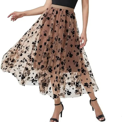 LVSANW Tulle Skirts for Women Elastic Mid Waist Layered Floral Print Brown Skirt Mesh A- Line Midi Skirt Petticoat Skirts Tea-Length