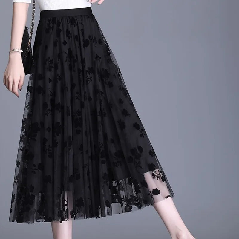 LVSANW Tulle Skirts for Women Elastic Mid Waist Layered Floral Print Brown Skirt Mesh A- Line Midi Skirt Petticoat Skirts Tea-Length