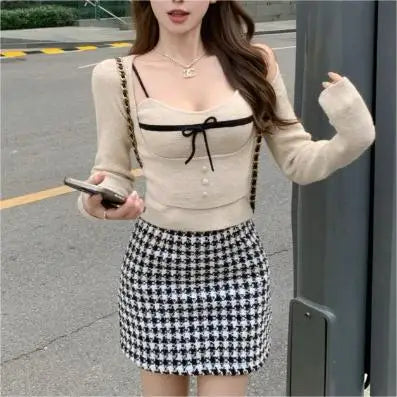 LVSANW Two Piece Set Square Neck Knitted Sweater Women Short Base Bow Strap Top Blouse