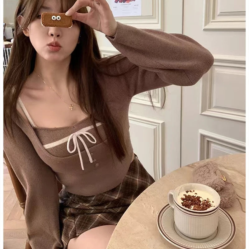 LVSANW Two Piece Set Square Neck Knitted Sweater Women Short Base Bow Strap Top Blouse