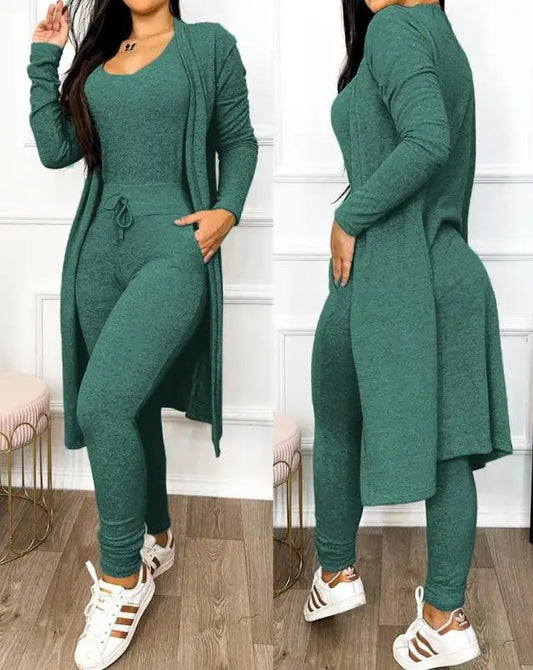 LVSANW Two Piece Set Women Outfit 2024 Spring Fashion Drawstring Pocket Design U-Neck Sleeveless Skinny Jumpsuit & Long Sleeve Coat Set