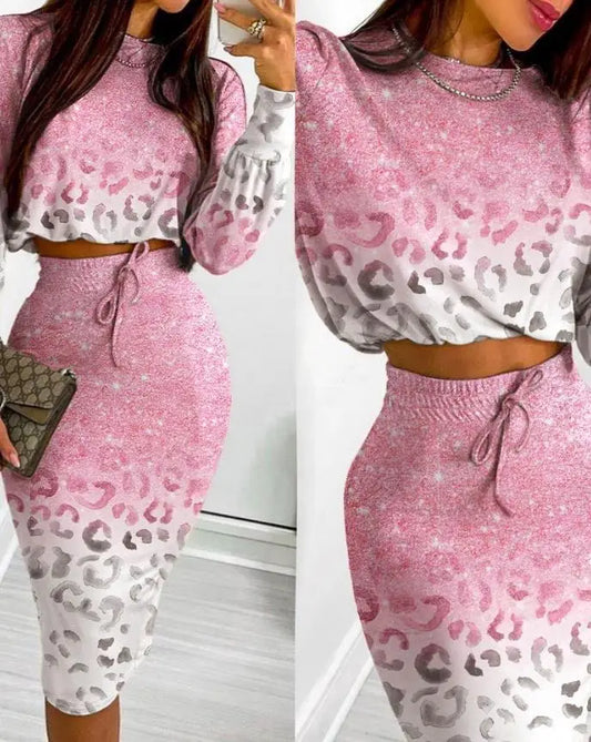 LVSANW Two Piece Sets Womens Outifits 2024 Spring Fashion Leopard Print O-Neck Long Sleeve Crop Top & Casual Midi Drawstring Skirt Set