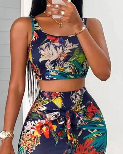 LVSANW Two Piece Sets Womens Outifits 2024 Summer Fashion Tropical Print U-Neck Sleeveless Crop Tank Top & Casual Skinny Midi Skirt Set