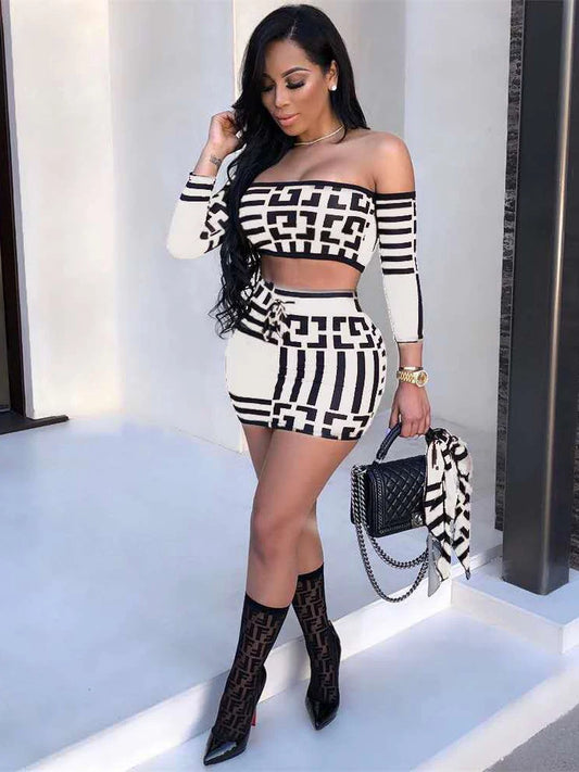 LVSANW Two Piece Sexy Women's Printed Dress, Summer Long Sleeved Slim Fit One Line Collar, Elegant Party Club Party Mini Skirt Y2k Set