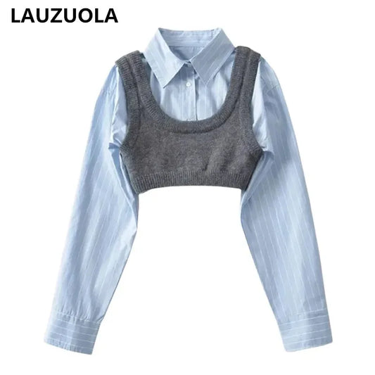 LVSANW Two Piece Women Crop Top Shirt And Knitted Vest Matching Set 2025 New Fashion Elegant Streetwear Shirts Suit Outfit