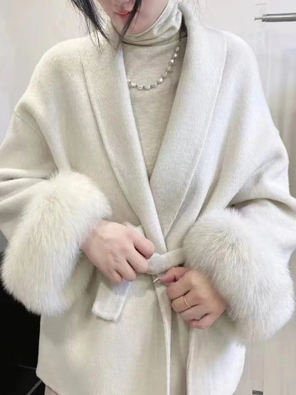 LVSANW UCXQ Elegant OL Office Lady Overcoats Fur Patchwork Long Sleeve Woolen Coat Beautiful Women's Clothing Jacket Autumn 2024 Spring