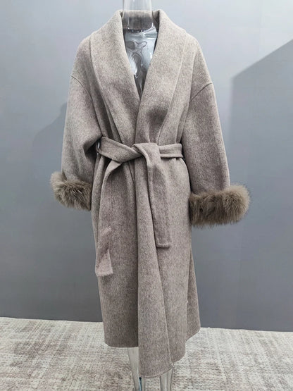 LVSANW UCXQ Elegant OL Office Lady Overcoats Fur Patchwork Long Sleeve Woolen Coat Beautiful Women's Clothing Jacket Autumn 2024 Spring