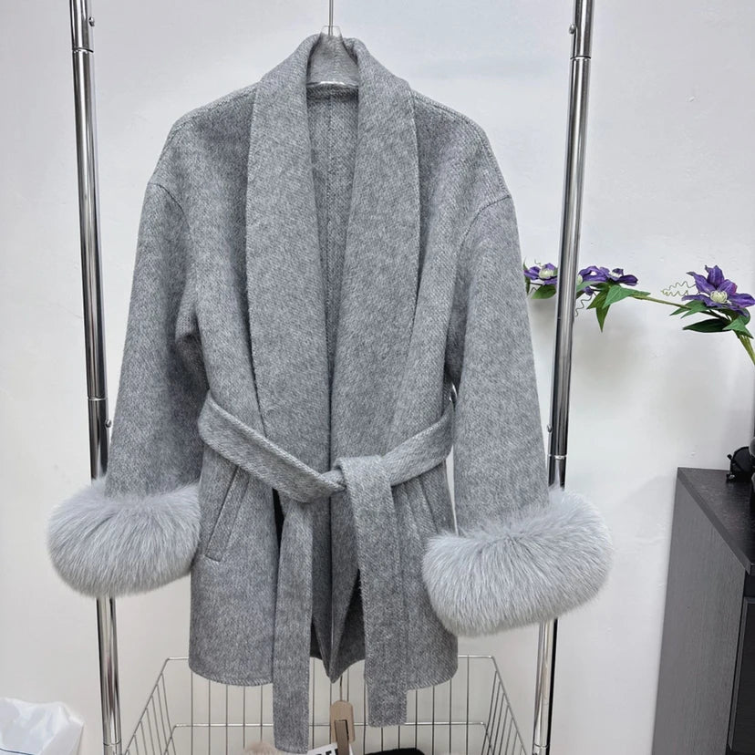 LVSANW UCXQ Elegant OL Office Lady Overcoats Fur Patchwork Long Sleeve Woolen Coat Beautiful Women's Clothing Jacket Autumn 2024 Spring