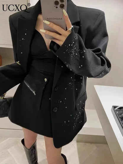 LVSANW UCXQ Fashion Blazer Coat Streetwear Diamond Single Breasted Shoulder Pads Elegant Casual Jacket Women 2024 Spring Autumn 23A9917