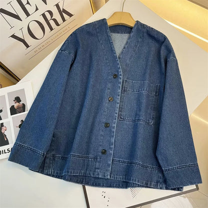 LVSANW UNIZERA 2025 Autumn New Product Casual Women's Fashion Versatile V-neck Shoulder Sleeves Denim Shirt Top