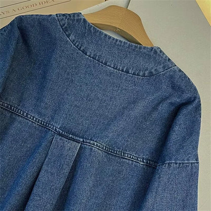 LVSANW UNIZERA 2025 Autumn New Product Casual Women's Fashion Versatile V-neck Shoulder Sleeves Denim Shirt Top