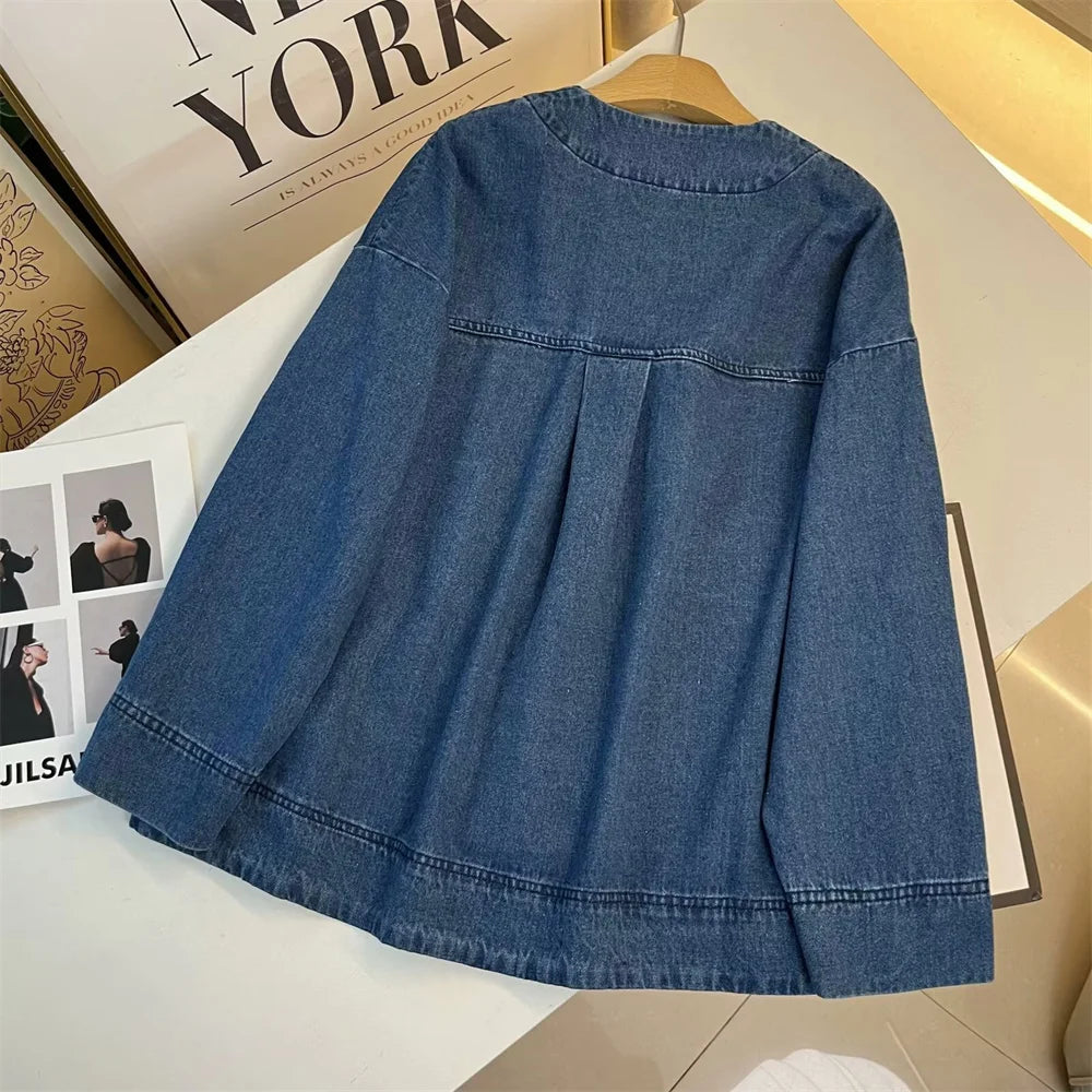 LVSANW UNIZERA 2025 Autumn New Product Casual Women's Fashion Versatile V-neck Shoulder Sleeves Denim Shirt Top