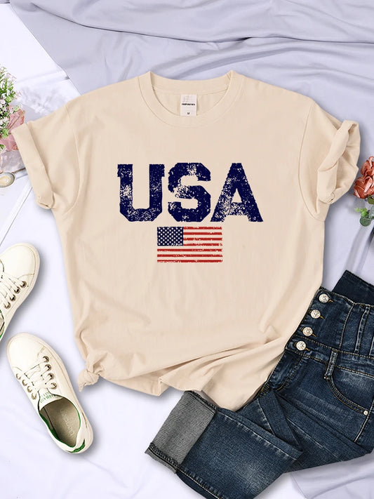 LVSANW USA Letters American Flag Stars and Stripes Printed Women T-Shirts Street Hip Hop Tee Clothing Summer Breathable Tshirt Female