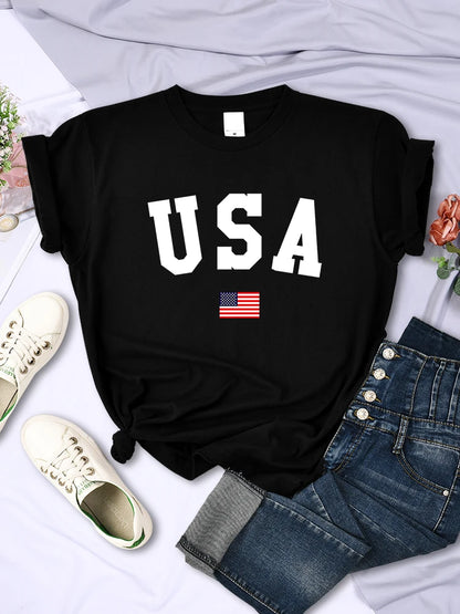 LVSANW USA National Flag City Street Printed Women T-Shirts Fashion Breathable Short Sleeve Summer Hip Hop O-Neck Tees Hip Hop Tshirts