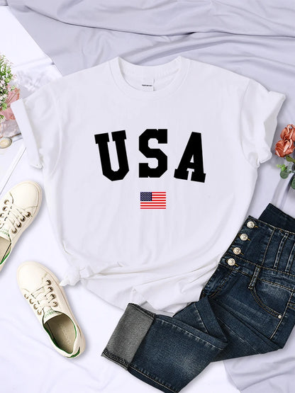 LVSANW USA National Flag City Street Printed Women T-Shirts Fashion Breathable Short Sleeve Summer Hip Hop O-Neck Tees Hip Hop Tshirts