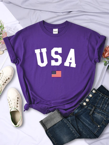 LVSANW USA National Flag City Street Printed Women T-Shirts Fashion Breathable Short Sleeve Summer Hip Hop O-Neck Tees Hip Hop Tshirts