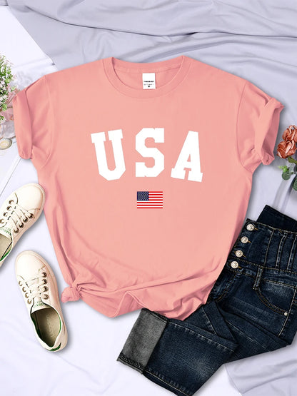 LVSANW USA National Flag City Street Printed Women T-Shirts Fashion Breathable Short Sleeve Summer Hip Hop O-Neck Tees Hip Hop Tshirts