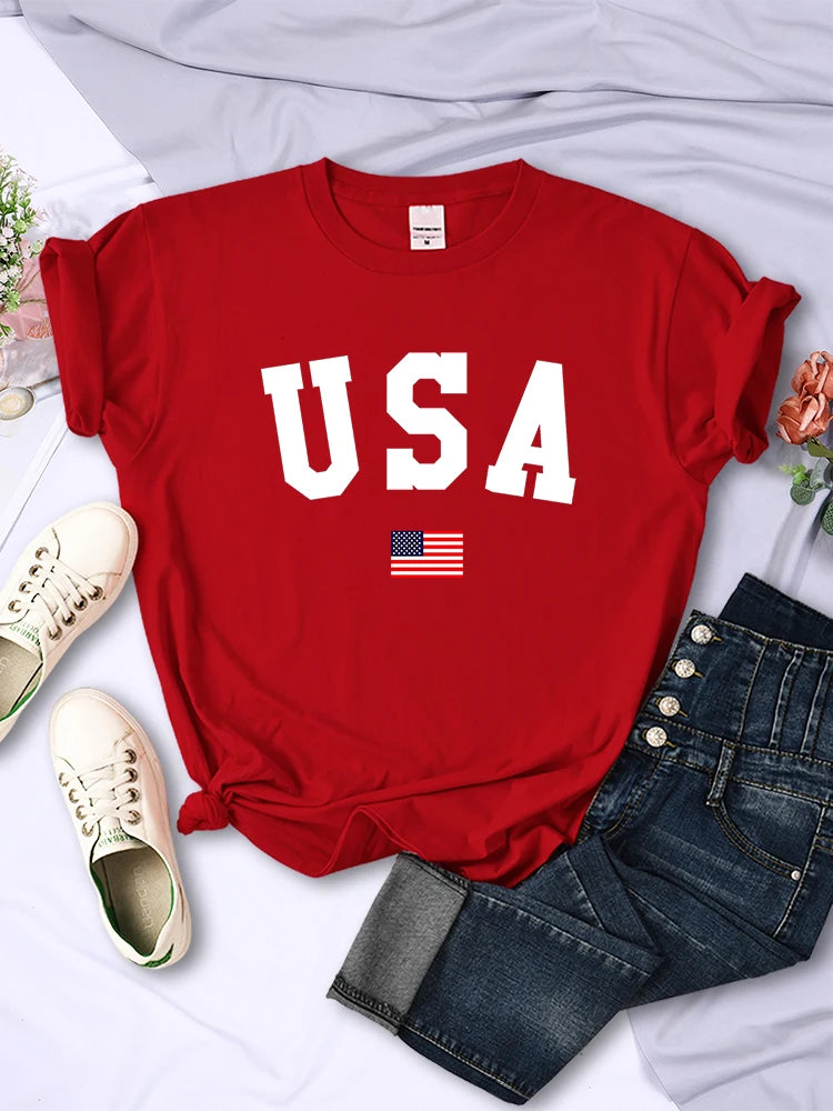 LVSANW USA National Flag City Street Printed Women T-Shirts Fashion Breathable Short Sleeve Summer Hip Hop O-Neck Tees Hip Hop Tshirts