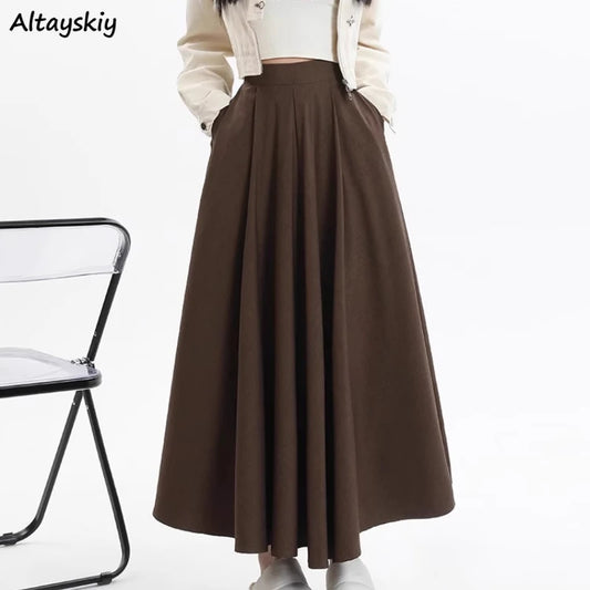 LVSANW Umbrella Skirts Women Solid High Waist Gentle A-line Korean Style Elegant Maillard Fashion Casual Ankle Length Autumn New Loose