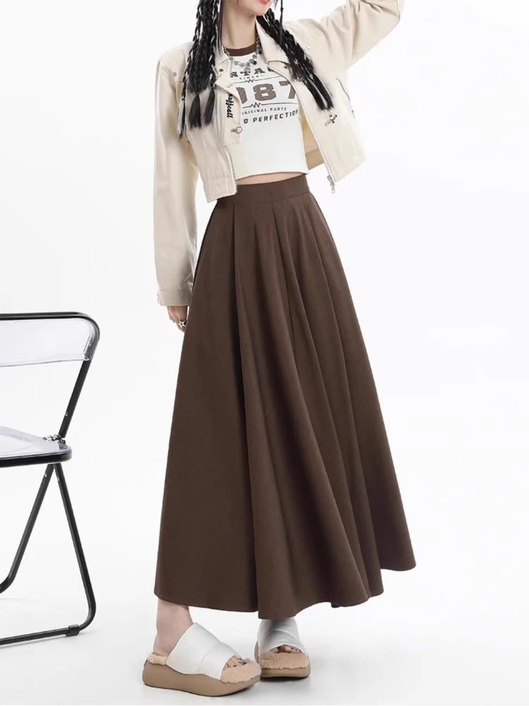 LVSANW Umbrella Skirts Women Solid High Waist Gentle A-line Korean Style Elegant Maillard Fashion Casual Ankle Length Autumn New Loose