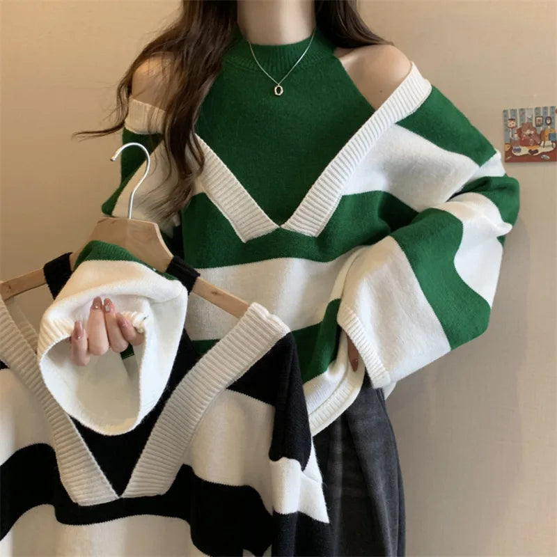 LVSANW Unique Design Fake Two Pieces Halter Strapless Women's Long Sleeved Knitted Sweater Fashion Trends Knitwear Loose Fitting Top