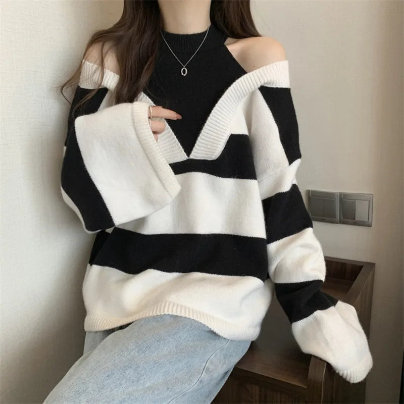 LVSANW Unique Design Fake Two Pieces Halter Strapless Women's Long Sleeved Knitted Sweater Fashion Trends Knitwear Loose Fitting Top